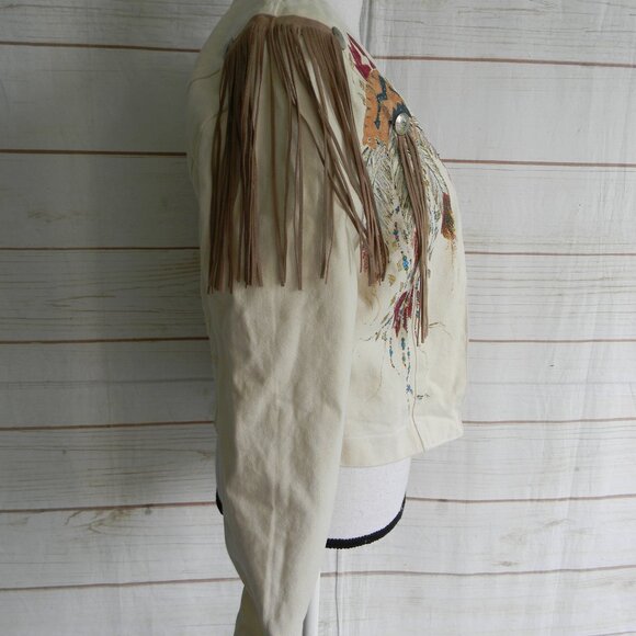 WANTED BY BEADS BEAUTIFUL VTG IVORY OPEN WESTERN RODEO FRINGE BUTTON JACKET S - Picture 3 of 7
